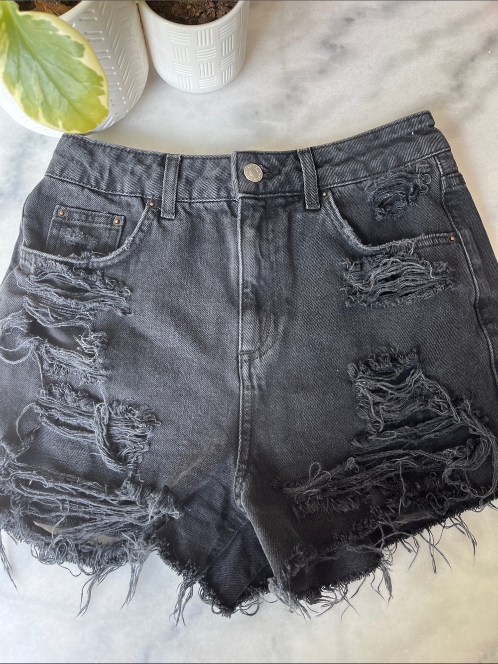 Topshop Black Distressed High-Waist Women’s Denim Shorts